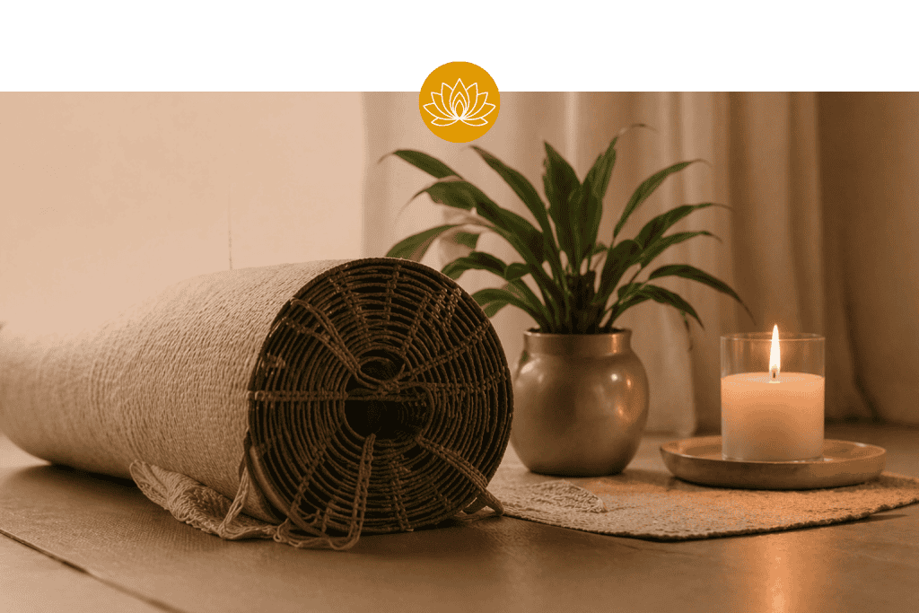 Rolled up yoga mat in warmly lit studio
