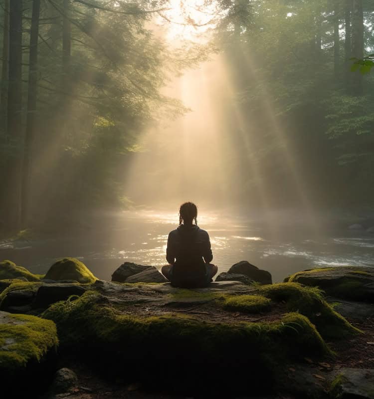 A woman in meditative state in a beautiful naturally lit forest.  